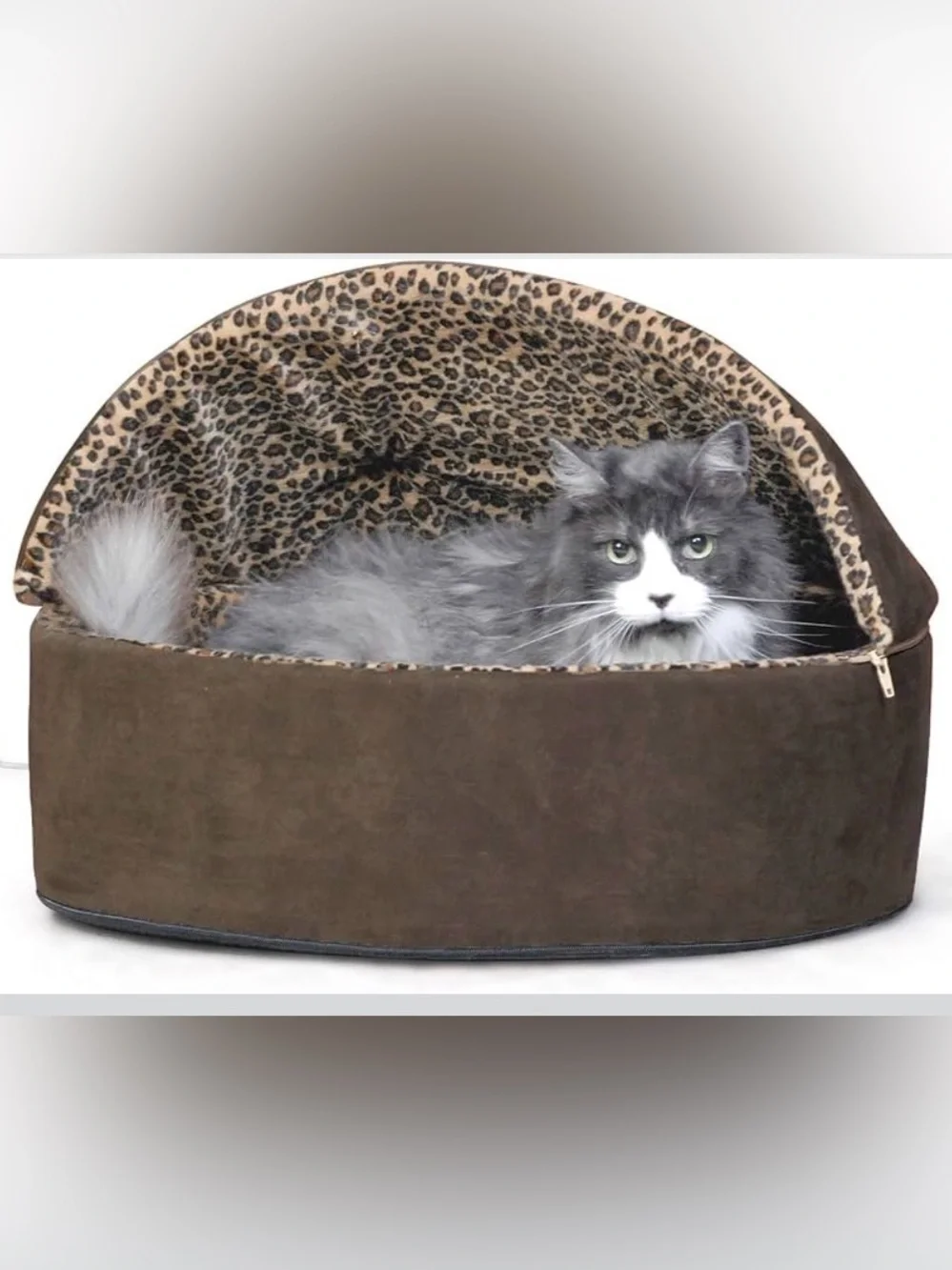Thermo-Kitty Deluxe Large Heated Pet Bed/Covered Cave - Mocha/Leopard Print